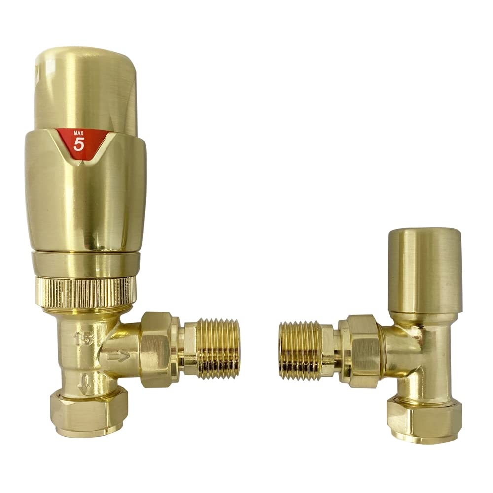 Brushed Brass Angled Thermostatic Radiator Valves - Energy Saving