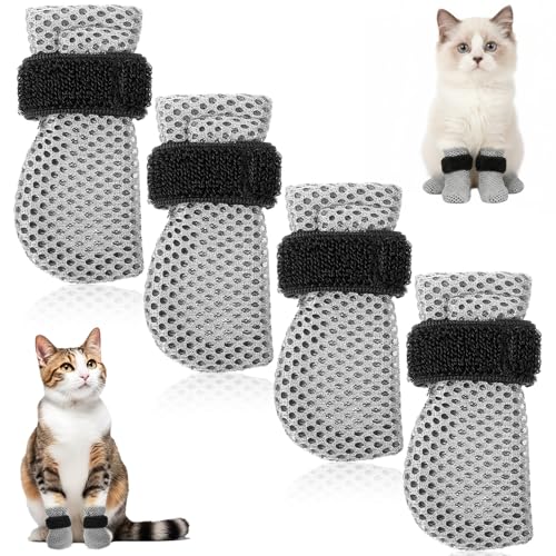 Qianyu 4 Pcs Cat Boots Anti Scratch Mittens Gloves Mesh Cat Claw Protectors Foot Covers Adjustable Breathable Kitten Shoes to Prevent Scratching for Pet Bathing Feeding Cutting Nails Trimming