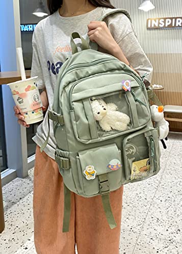 YAQUNICER Kawaii Daypacks Cute Bear and Duckling Pendant Backpack Large Capacity-Green3