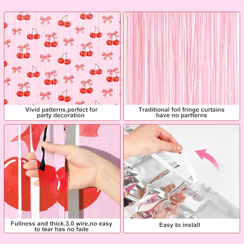 Image of Tiamon 2 Pack Cherry Party Decorations 3.3 x 6.6 Ft Foil Fringe Curtains Red Cherry and Bow Birthday Backdrop Tinsel Streamers Photo Booth for Fruit Baby Shower Birthday Party Supplies