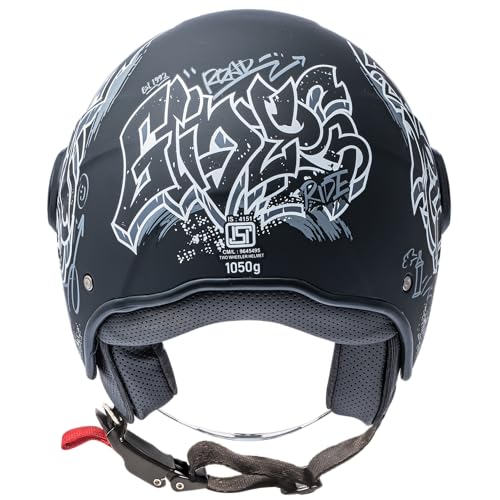 Image of Gliders Jet Trio D3 ISI Certified Open Face Graphic Helmet with Peak and Clear Visor (Matt Black with Black, L)