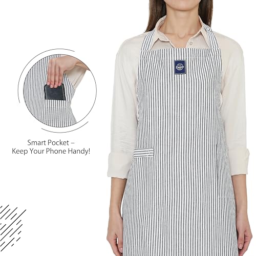 Image of Encasa XO Cotton Cooking kitchen Apron for Women and Men chef apron With adjustable neckstrap, Pocket & Towel Holder for Easy cooking, Baking, BBQ, Gardening- Ticking Navy Blue, 68x85 cm