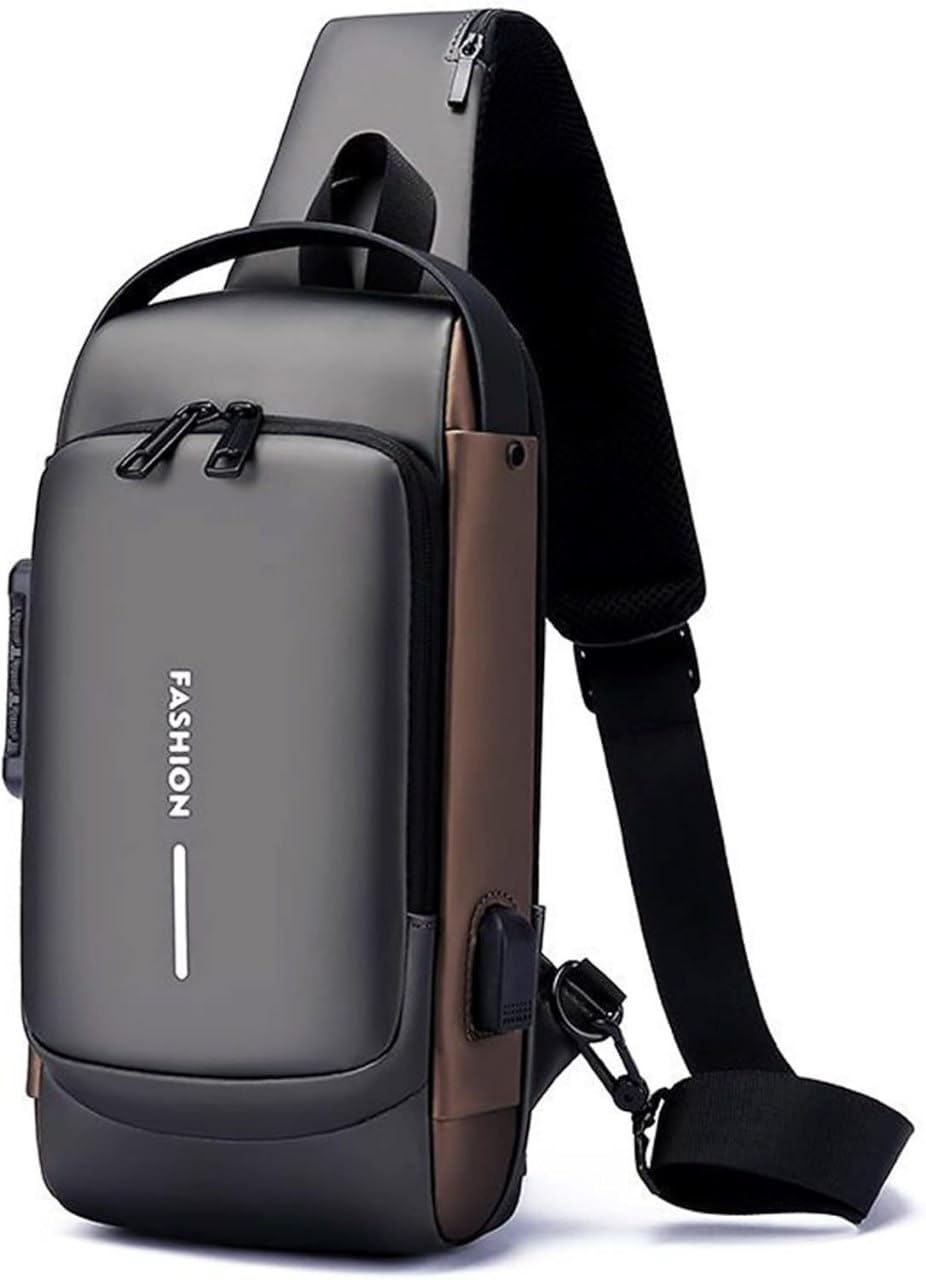 ds enterprise Waterproof Polyester Slim Unisex Crossbody Sling Bag Chest Backpack Men's Shoulder Bag, Leisure Running Sport Travel Handbag, Hard Shell Anti-Theft Chest Bag with USB charging port (Black & Brown)-picture-53