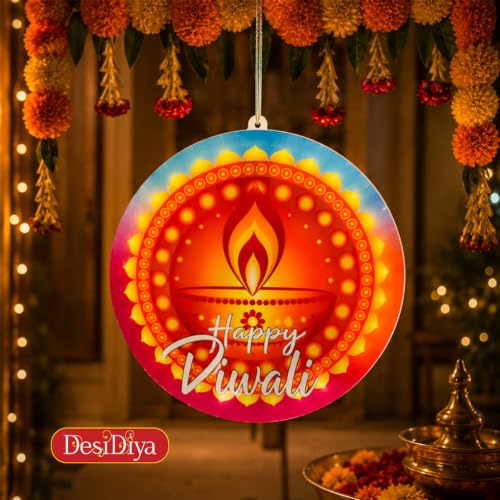 Image of Desidiya Happy Diwali LED Hanging Light | Warm White Double-Sided | Perfect for Diwali decor, entrances, balconies, pooja rooms, gifting and celebrations.