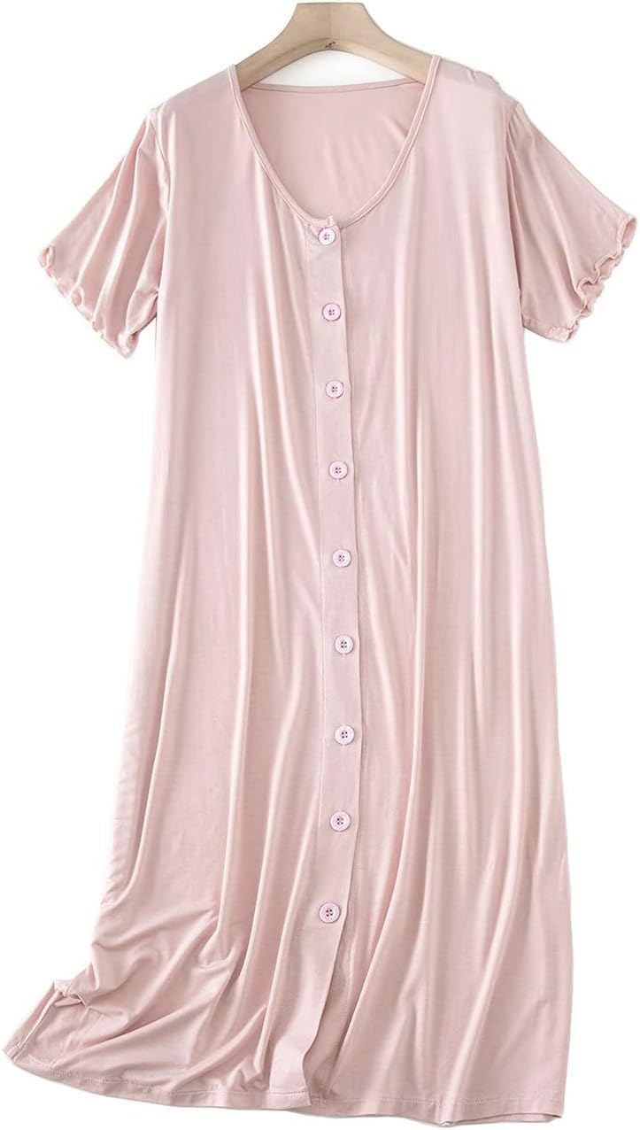 CHUNG Women Nightgown Loose Fit NightShirt Front Open Button Down Pajamas Nightdress Short Sleeve Sleepwear Under Knee Gown - Image 4