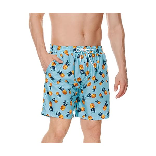 Men Swim Shorts with Compression Liner Mens Bathing Suit Mens Swim Trunks Ligh Blue Pineapple M - Image 3