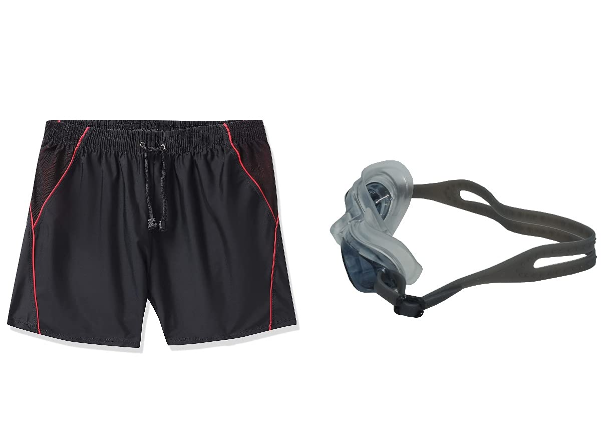 SWIMMING SHORTS V-216 BLACK RED PIPING SIZE 3XL WITH GOGGLES SILICONE IS-1600 WITH POUCH BLACK-image-9