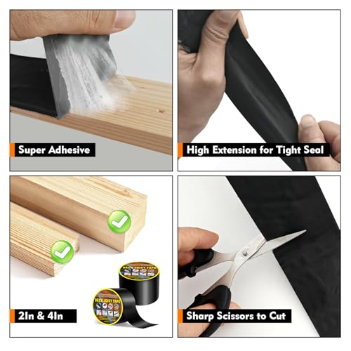 Image of AccEncyc 2 Rolls Butyl Joist Deck Tape, 4 Inches & 2 Inches Waterproof Self-Adhesive Weatherproof RV Roof Tape Black for Wood Decks Joist Beams Roof (50 ft)