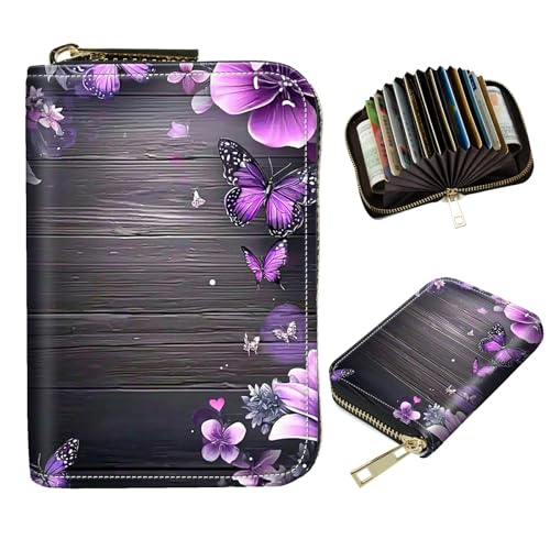 Purple And Pink Flowers Wooden Credit Card Holder for Women with Zipper Small Credit Card Wallet PU Leather RFID Blocking Wallet Card Organizer Wallets Accordion Wallets Gift for Women or Men