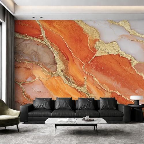 Papier peint marbre orange moderne fresque murale 450x315 cm intissé pour salon et chambre - 2