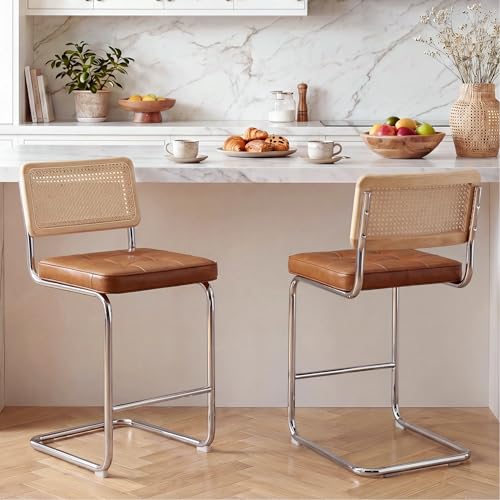 Image of Zesthouse Natural Rattan Bar Stools Set of 2, Modern Counter Height Stools with Solid Wood Back, 26'' Counter Height Chairs, Mid Century Cantilevered Bar Chairs for Kitchen Island, Faux Leather Brown