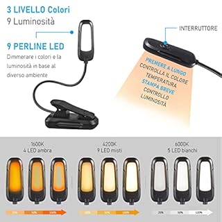 Diboniur Lampada da Lettura, Luce da Lettura con Pinza, 9 LEDs 3 Modalità con Lampada USB Ricaricabile, 360° Flessibile Collo Luce Lettura Clip per Lettura Libri a Letto, Viaggi, Emergenza