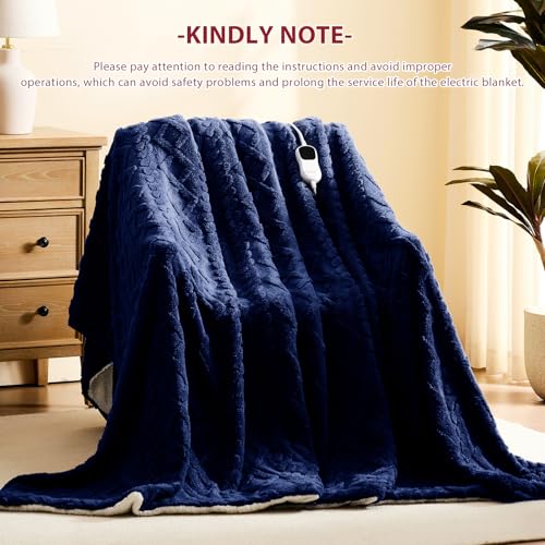 JKMAX Heated Electric Blanket Twin Size-62"x84" Heating Blanket with 10 Heating Levels & 5 Time Settings Over-Heat Protection,Winter Warmer for Adults with ETL Certification(Navy Blue)