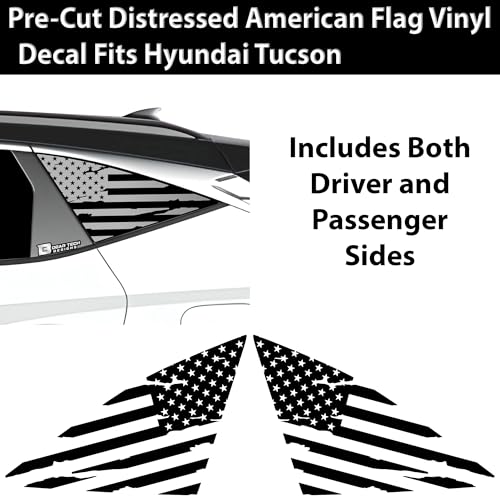 Image of BOGAR TECH DESIGNS Precut Quarter Window American Flag Vinyl Decal Sticker Compatible with Hyundai Tucson 2022-2025, Distressed Matte Black