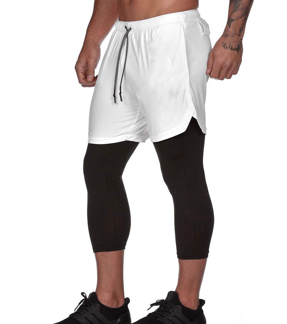 Męskie spodenki sportowe, legginsy, szorty do biegania, 2 w 1, spodenki treningowe, fitness, trening, ruch, spodenki z wbudowanymi kieszeniami, biały, M