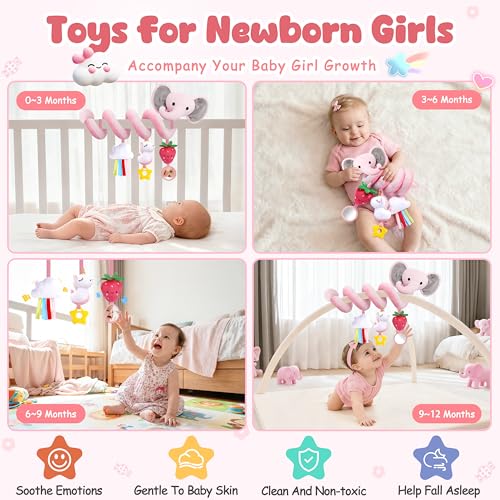 Image of Spiral Car Seat Toys for Baby Girls 0-6 Months, Cute Pink Elephant Strawberry Stuff, Perfect Newborn Shower Gifts for Girls Essentials