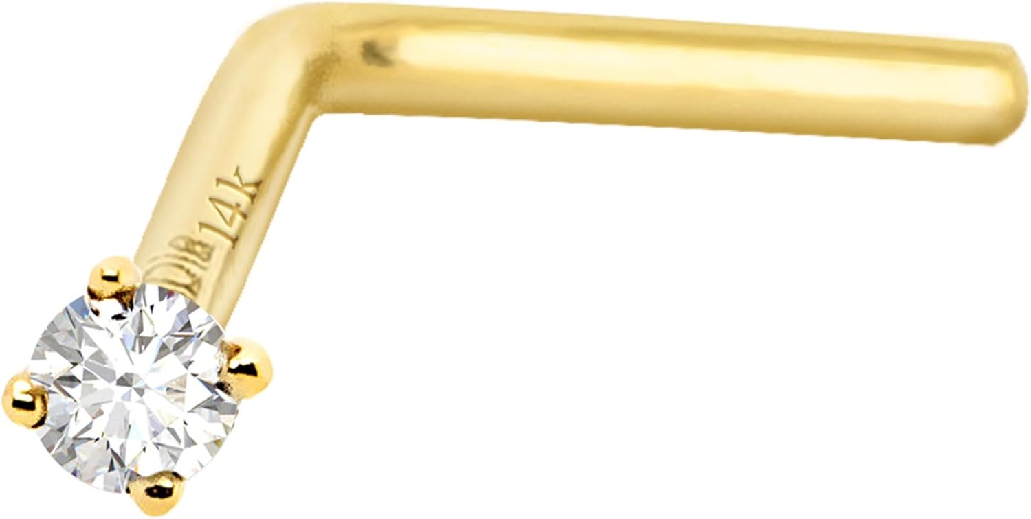 Diamond L-Shape Nose Stud 14K Gold 20G L-Bend Nose Ring Stud 1.5mm-2.5mm Unisex Diamond Nose Stud