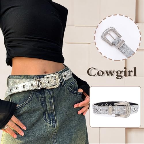 Cowgirl Belts for Women Bling Belt Silver Rhinestone Western Belt for Jeans Pants3