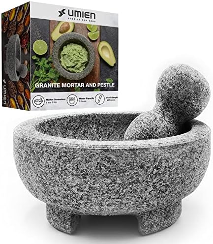 Granite Mortar and Pestle Set Guacamole Bowl Molcajete 8 Inch - Natural Stone Grinder for Spices, Seasonings, Pastes, Pestos and Guacamole - Extra Bonus Avocado Tool Included