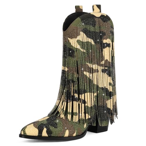 Image of Cowboy Boots for Women - Cowgirl Western Rhinestone Sparkly Fringe Chunky Heel Pointed Toe Mid Calf Boots
