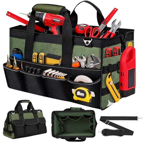 Werkzeugtasche mit Tragegurt & Reißverschluss, 21 Fächern Werkzeughalter Organizer mit Griffe, Stabiles Werkzeugaufbewahrung für Elektriker Mechaniker Handwerker, Geschenke für Frauen Männer