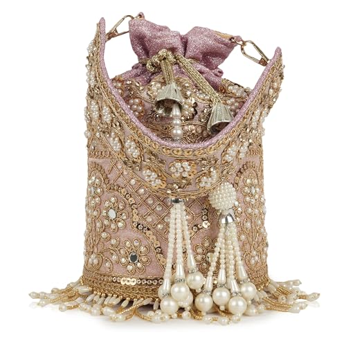 Image of Nevis Silk Fabric Designe Embroidered Potli Bag with Pearl Tassels & Beaded Strap | Bridal Ethnic Drawstring Clutch for Wedding