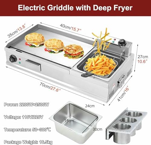 Commercial Electric Griddles Extra Large with Fryer, Countertop Griddle Stainless Steel Grill with Seasoning Rack, for Fried Pizza