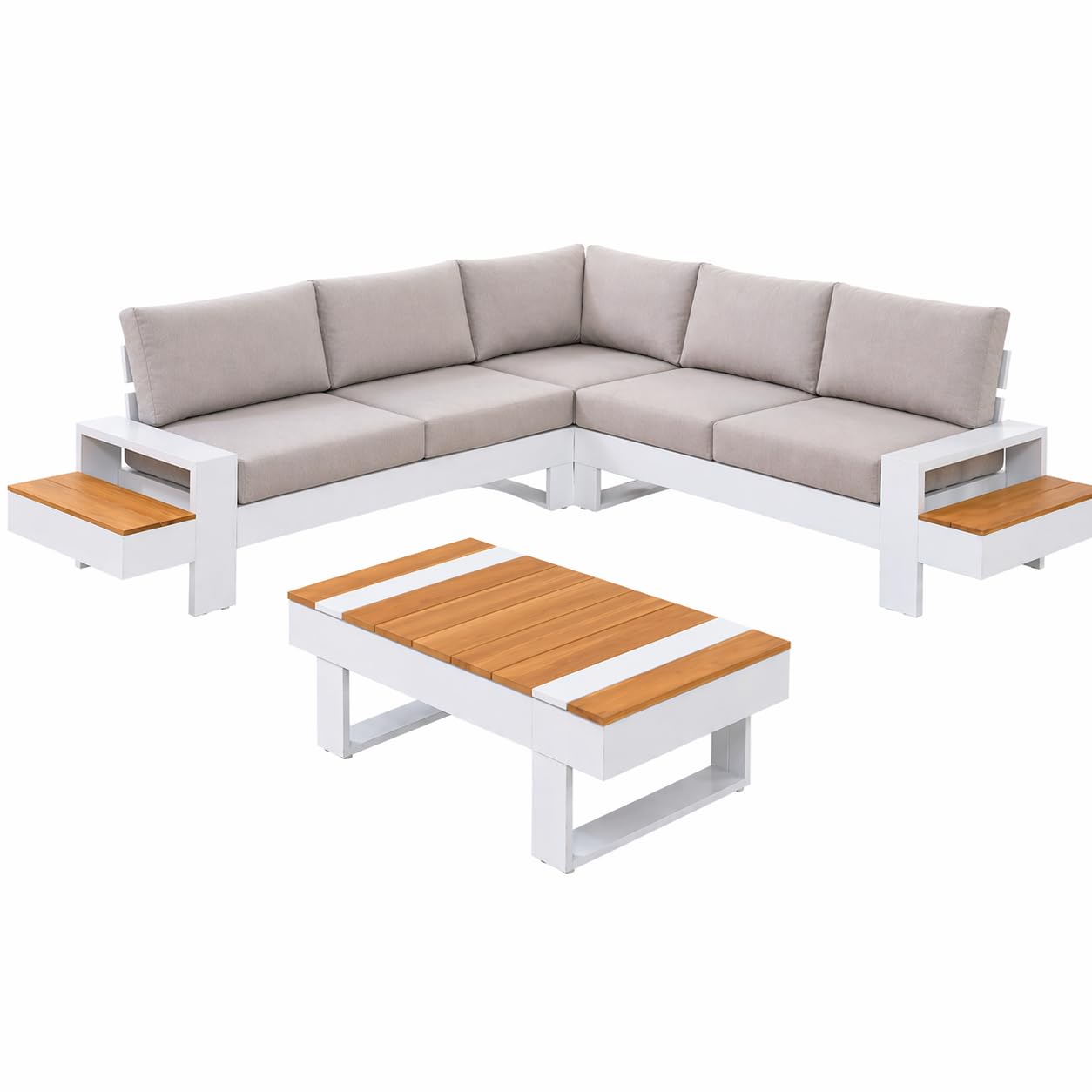 XONE Set da giardino angolare Malibù in alluminio bianco e teak | Salotto da giardino moderno per esterni eleganti | Salotto outdoor con divani e tavolino per terrazzo veranda e giardino