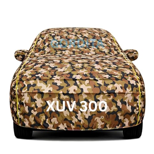 Image of Waterproof Car Body Cover for Xuv 300 All Weather Protection Comes with Inner Cotton Lining & Triple Stitched with Mirror & Antenna Pocket Belt & Elastic Fit Army with Yellow Piping2
