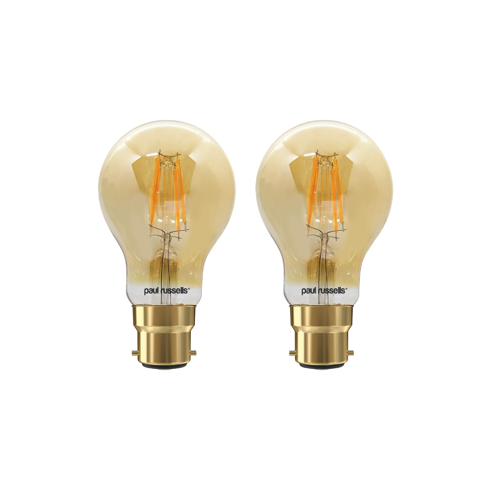 paul russells B22 Bayonet Cap LED Filament – 4.5Watt 35W Equivalent 400LM Lumens 2200K BC Standard GLS A60 – Amber Bright Energy Saving Light Non-Dimmable – Extra Warm White Bulbs - Pack of 2