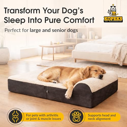 KOPEKS Jumbo Orthopedic Dog Bed - 7-inch Thick Memory Foam Pet Bed with Pillow with Removable Cover & Free Waterproof Liner - for Large Breed Dogs, XL, Brown-Plush Top - Image 3