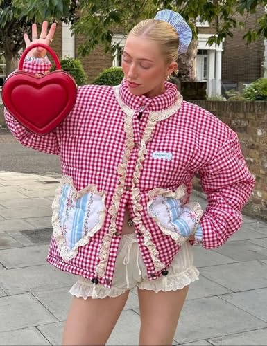 Wyeysyt Women's Cropped Puffer Jacket Winter Gingham Snap Plaid Short Padded Coats with Pockets2