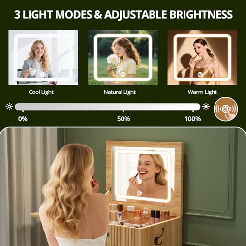 Image of FURSUN 3-in-1 Vanity with Flip Mirror & Lights, Fluted Compact Vanity Table with 3 Drawers, Storage Compartment and Rolling Stool, Modern Small Makeup Vanity for Bedroom, Powder Room, Natural Oak