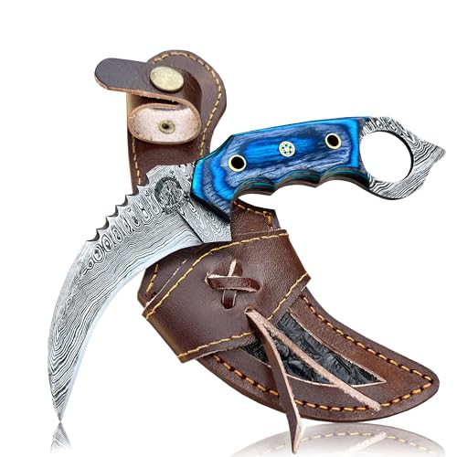 VULTURE CRAFTS CLUB, Damascus steel Handmade Knife, Survival claw Tactical teeth Knife Double edged sharp, Fixed Blade Knife With Sheath, Curved knife