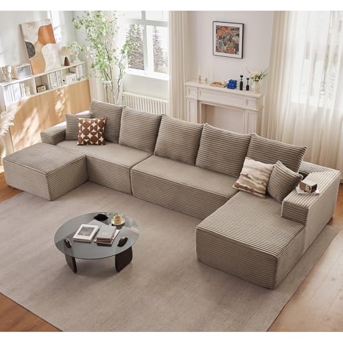 Image of Lakifun 166.9 inch U-Shape Cloud Couch, Modern Modular Sectional Comfy L-Shape Sofa with Ottoman, Deep Seat, Upholstered Corduroy Sleeper Chaise Longue for Living Room Bedroom, No Assembly Required, Camel