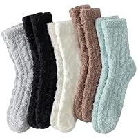 fauson Fuzzy Socks for Women - 5 Pairs Slipper Socks, Cable Knit Cozy Coral Fleece Warm Womens Socks for Daily Wear - Brown