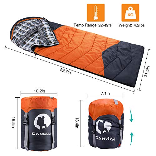 Canway Sleeping Bag With Compression Sack, Lightweight And Waterproof For Warm & Cold Weather, Comfort For 4 Seasons Camping/Traveling/Hiking/Backpacking, Adults & Kids, Orange-Flannel #TOP2