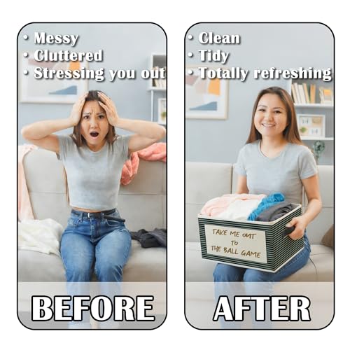 Image of Vintage Baseball Nursery Storage Bins Box with Handles, Take Me Out to the Ball Game Sports Green Striped Collapsible Basket Organizer for Boys Bedroom Playroom Bathroom Books Clothes