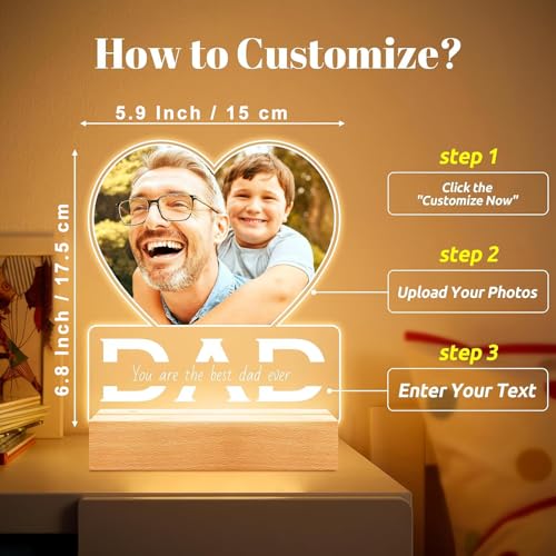 Image of SNAPTRAP Personalized Fathers Day LED Acrylic Photo Lamp with Customized Text | Heart Shape Dad Photo Frame Night Light Gift for Father Daddy Papa from Son Daughter Wife Family