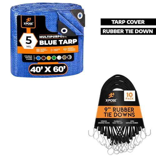 Image of 40' x 60' Multipurpose Blue 5 Mil Poly Tarp with 10-Pack 9 inch (14 inch Max Stretch) Bungee Cords - Waterproof, UV Resistant, Reinforced Edges, Grommets & Durable Tie Down Straps by Xpose Safety