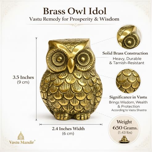 Image of Pure Brass Owl Idol, Vastu Remedy for Wisdom & Wealth (9 cm, 620 g)