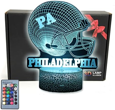 TriPro Football Team Helmet Shape 3D Illusion Bedroom Table Lamp Decor Night Light with 16 Colors & Remote Control Decorations Gifts for Dad,Boys,Girls,Teens,Kids (Philadelphia)
