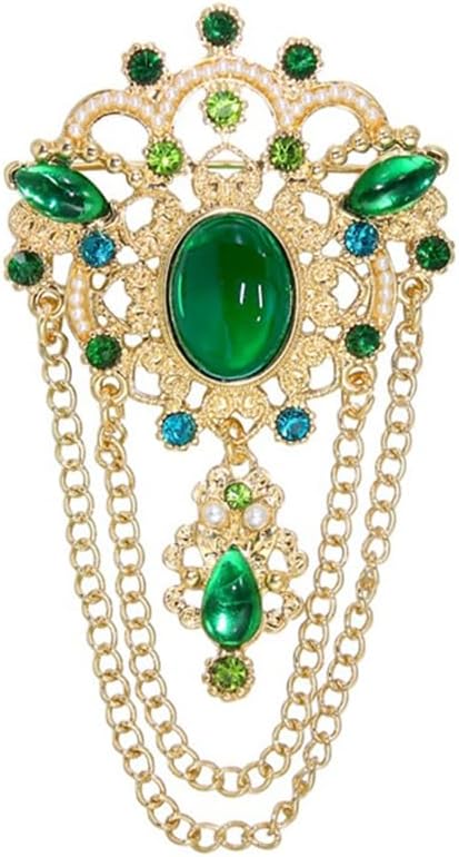 Dainty Green Simulated CZ Tassel Drop Brooch Lapel Pins for Women Vintage Antique Gold-Tone Simulated Pearl Flower Brooches Pin for Dress Suit Accessories Fashion Jewelry