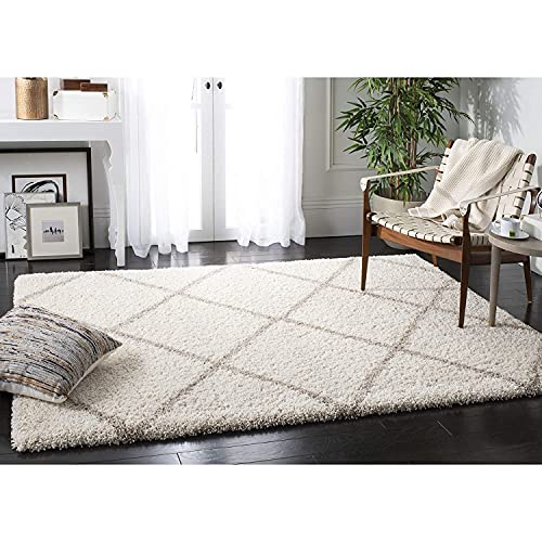 Image of Trellis Design Microfiber Hand Woven Shaggy Carpet Collection with 2 inch Pile Height Carpet for Living Room Size 6x6 feet Round coular Ivory /Beige