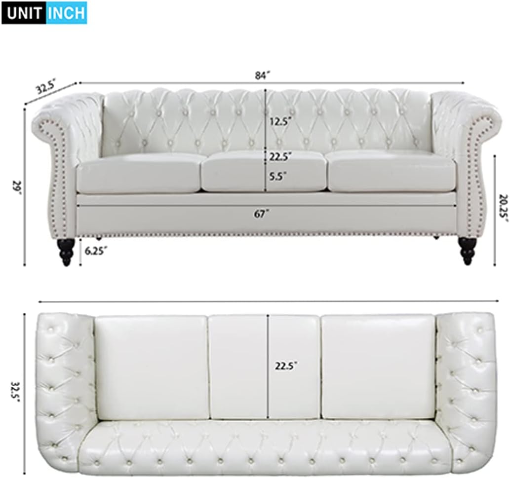 84" Modern Chesterfield Couch PU Leather, Rolled Arm Tufted Back 3 Seater Sofa, Upholstery Nailhead Trim Couches for Living Room Office (White)