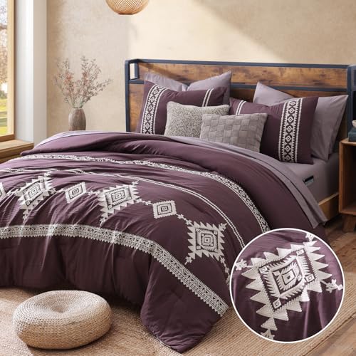 Image of MaiReve Embroidery Full Size Comforter Set 7 Pieces Purple Bed in a Bag