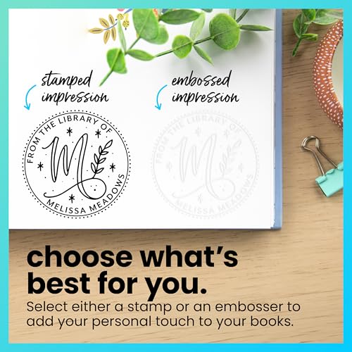 ExcelMark Personalized Book Embossers & Stamps - Personalize a Book Embosser, Wood Stamp, or Self-Inking Mount (Deco Script, Round)
