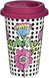 Sagaform 5017103 Double Wall Porcelain Take Away Mug with Drip Proof Silicone Lid, Bloom, 8.5-Ounce