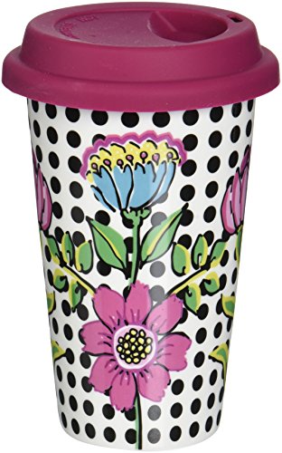 Sagaform Double Wall Porcelain Take Away Mug with Drip Proof Silicone Lid, Bloom, 8.5-Ounce