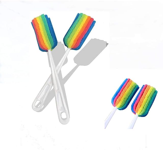2PCS Soft Hanging Sponge Cleaning Brush,Multi-Purpose Versatile Cleaning Brush Set with Plastic Long Handle Cup Feeding Bottle Scrubber (Rainbow colors) (Rainbow colors)
